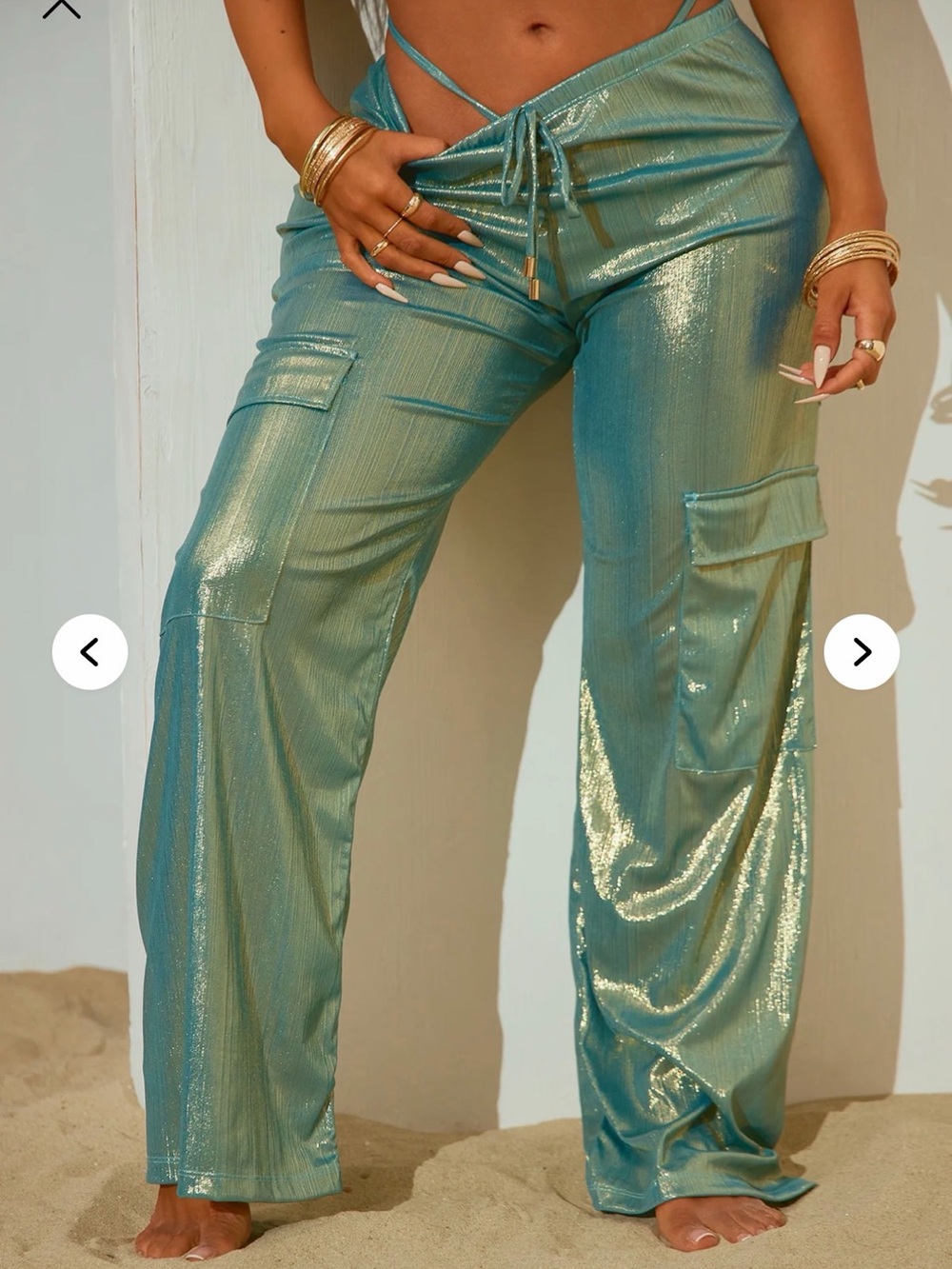 Fashion Nova Shimmery Teal Cargo Wide-Leg Pants